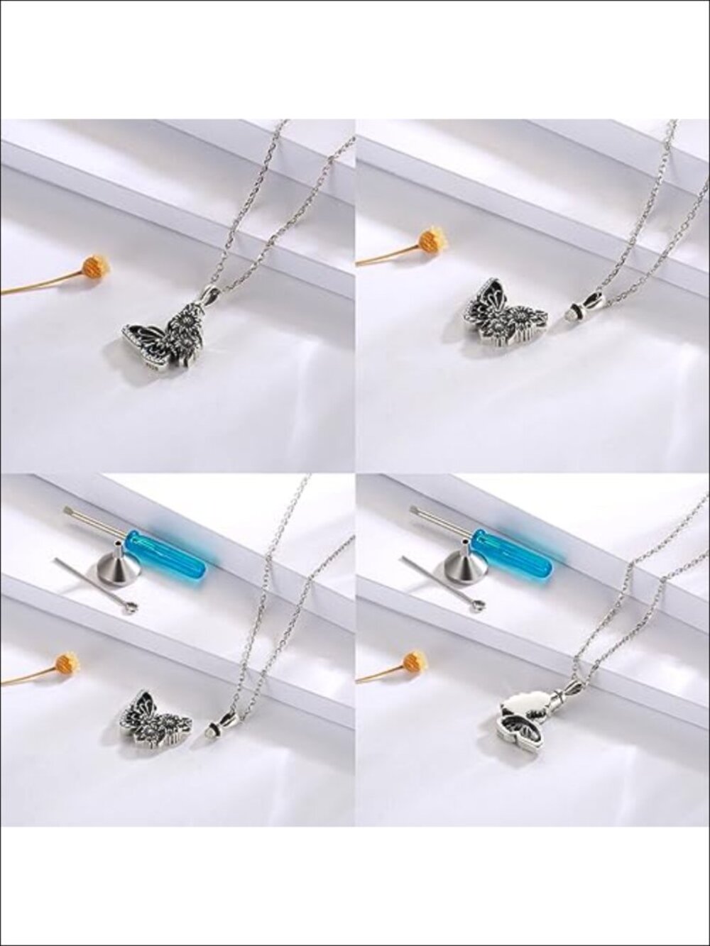 Sterling Silver Butterfly Sunflower Urn Necklace S925 Ashes Keepsake Memorial